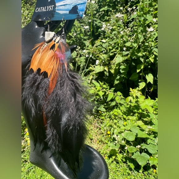 Black Feather Leather Sea Shell Statement Earrings - Picture 8 of 11